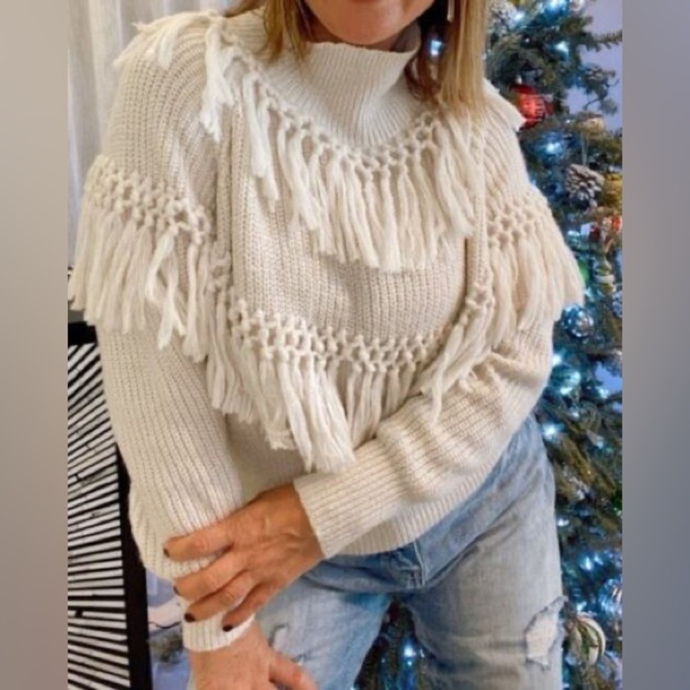 FATE cream fringe tassel pullover sweater